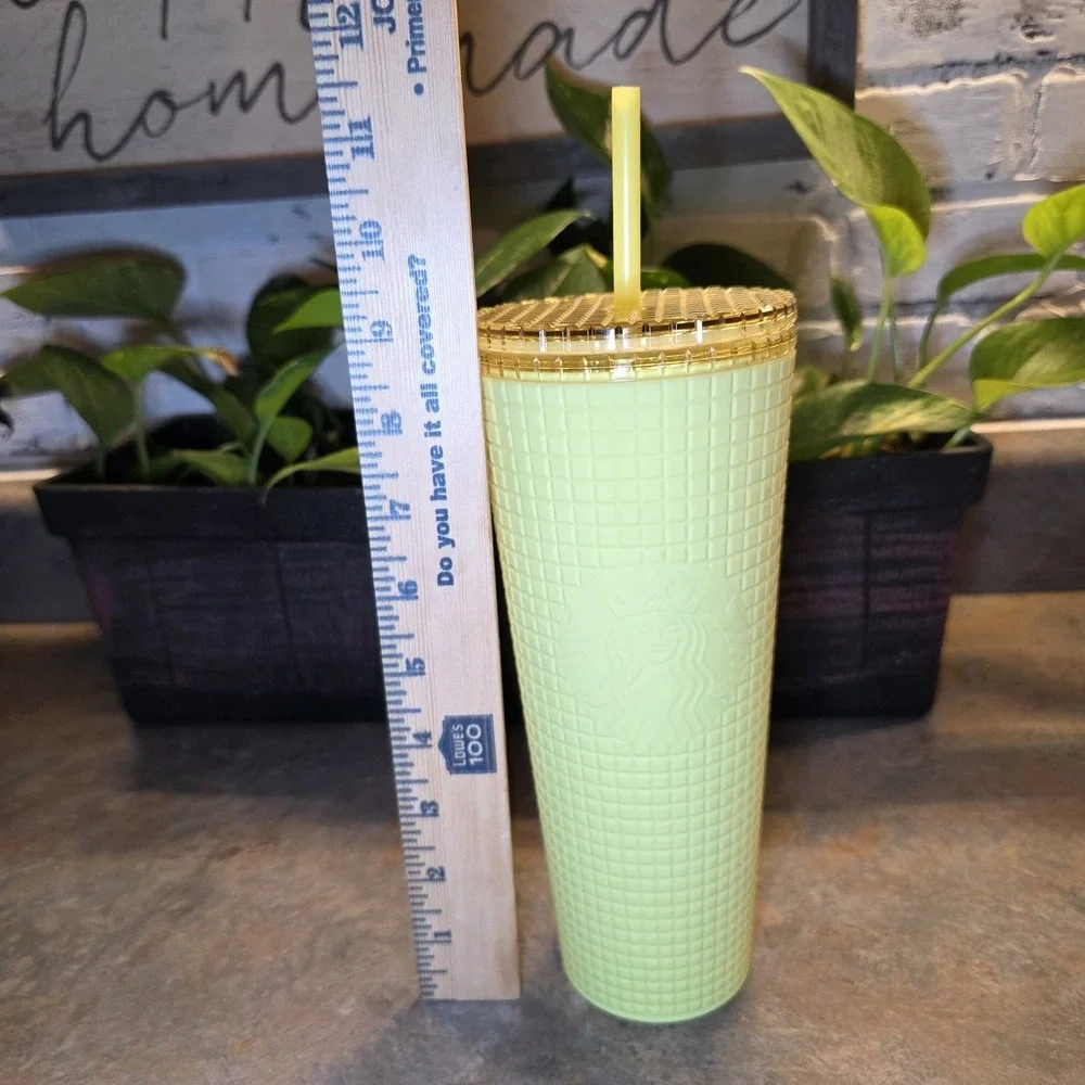 NEW Starbucks 24 oz Meadow Yellow Soft Touch Grid Tumbler Cold Cup Coffee
